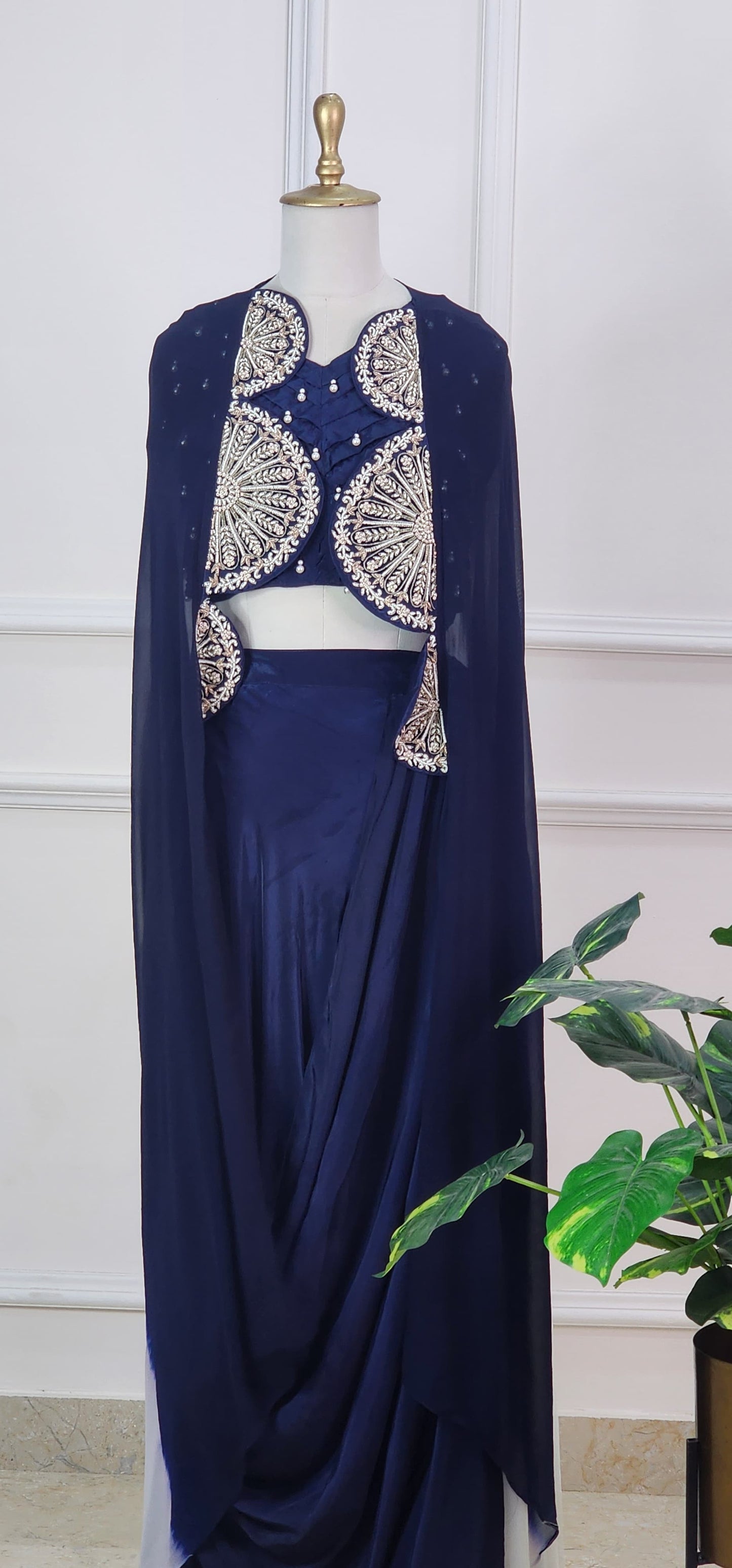 Navy Blue Shaded Cape with Top and Lehenga