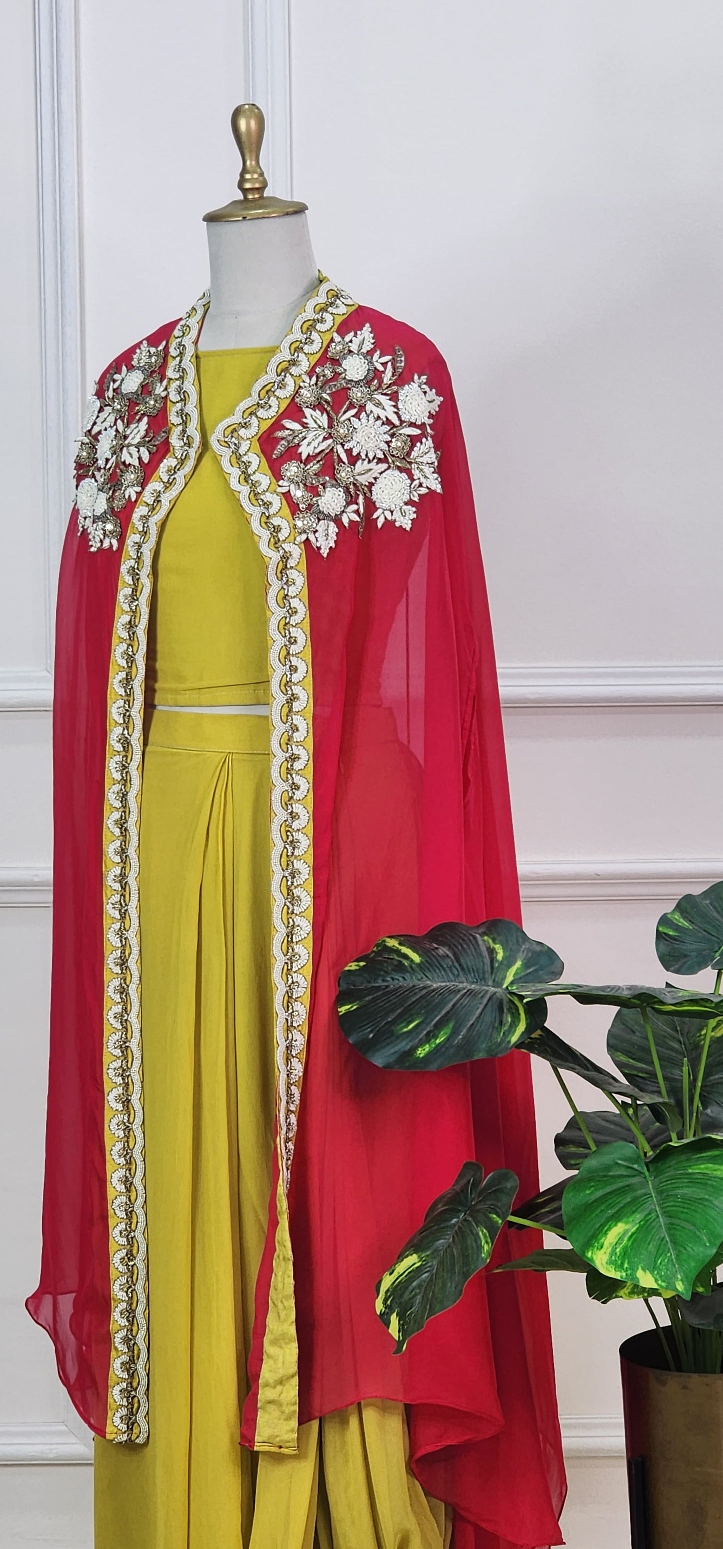 Cape Indowestern Set in Red and Mustard Yellow