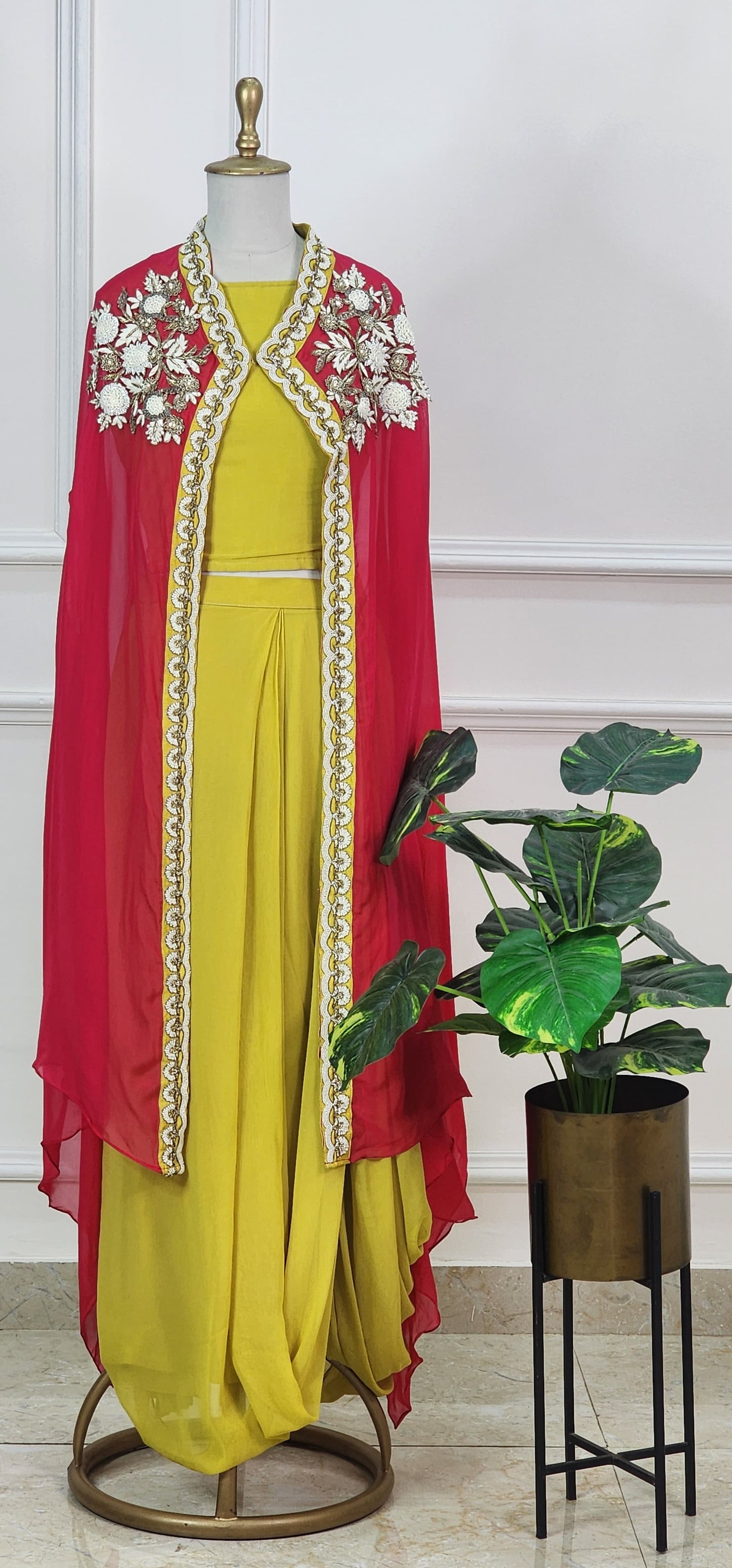 Cape Indowestern Set in Red and Mustard Yellow