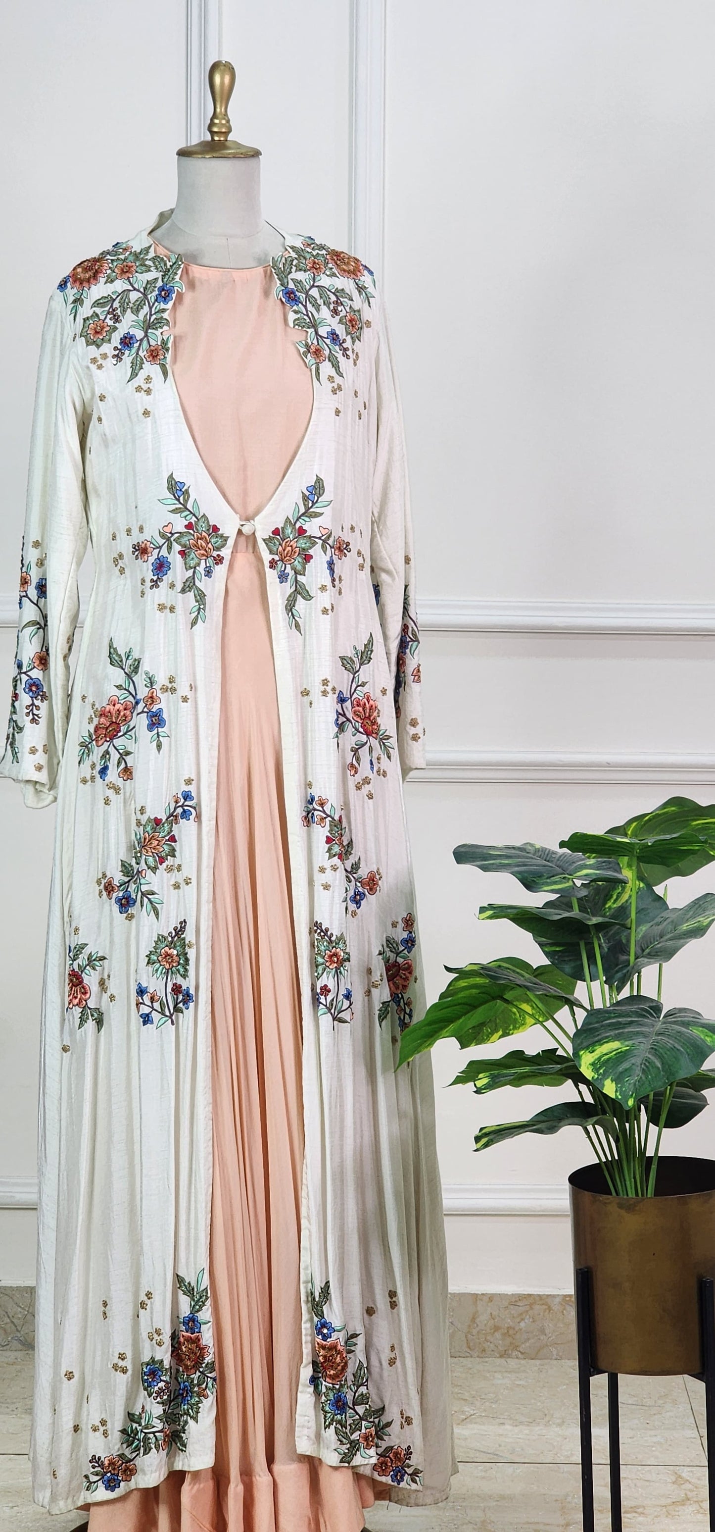White and Peach Embroidered Indo-Western Set