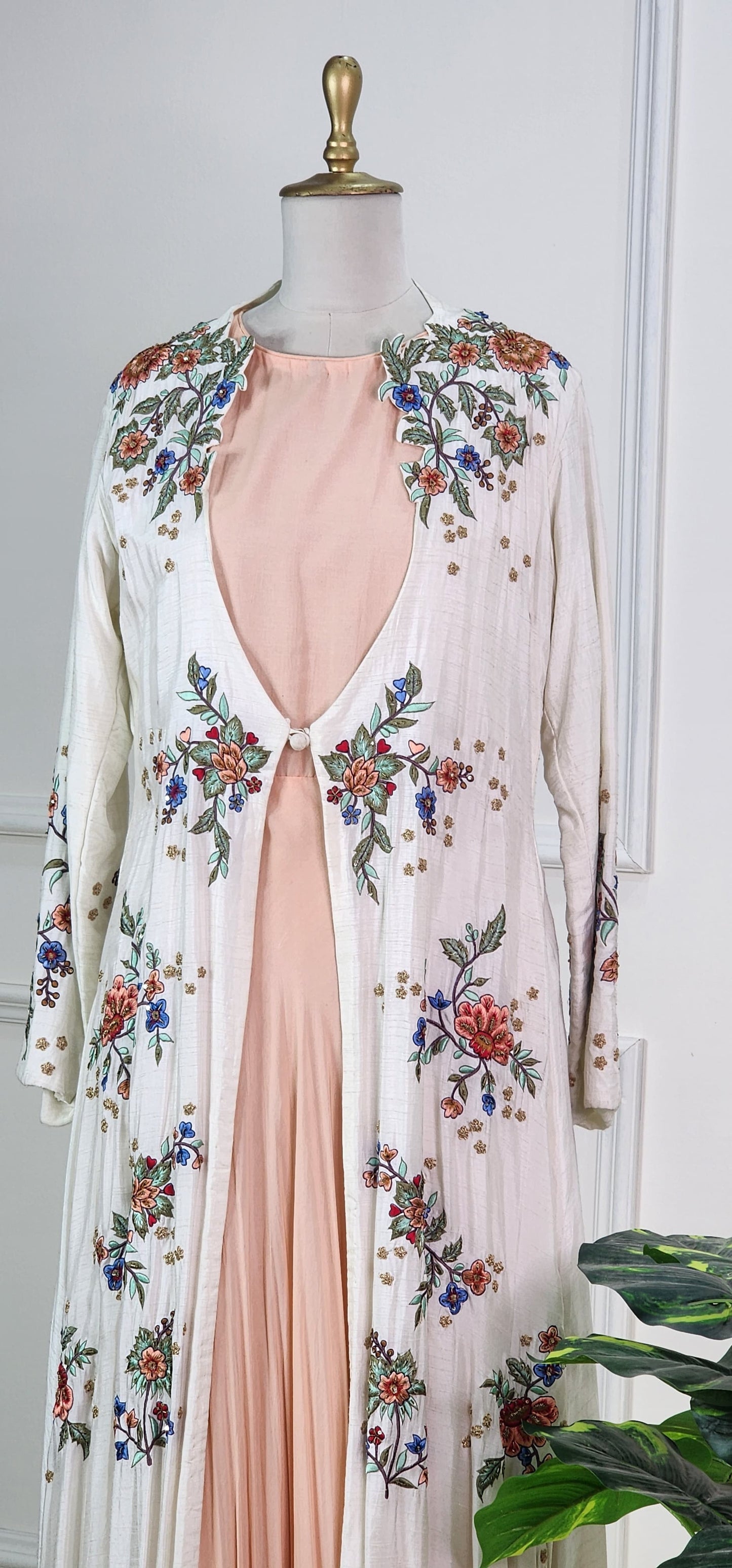 White and Peach Embroidered Indo-Western Set