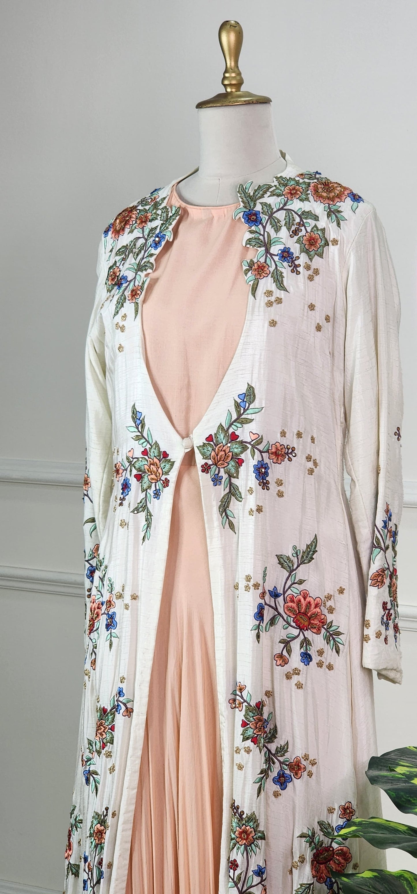 White and Peach Embroidered Indo-Western Set