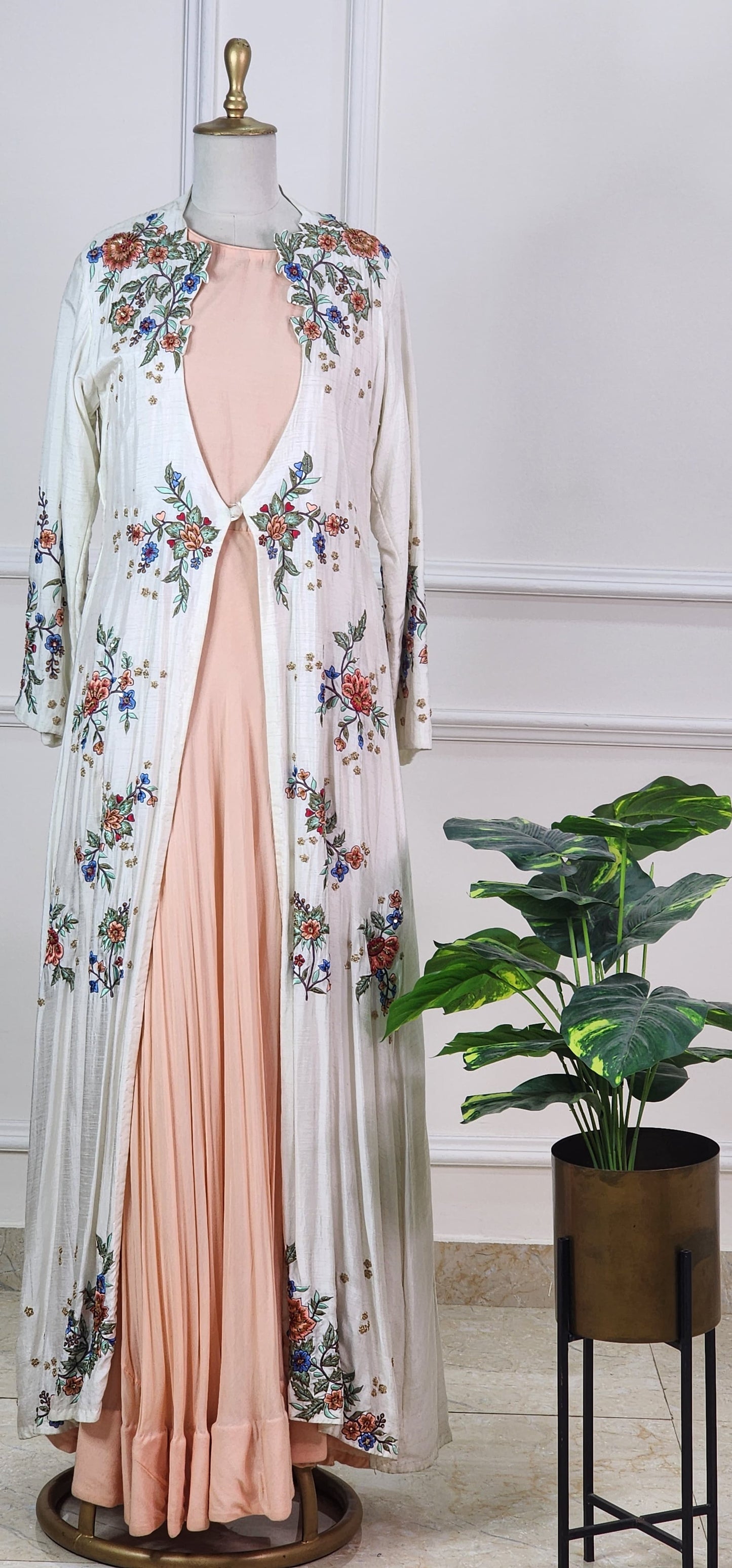 White and Peach Embroidered Indo-Western Set