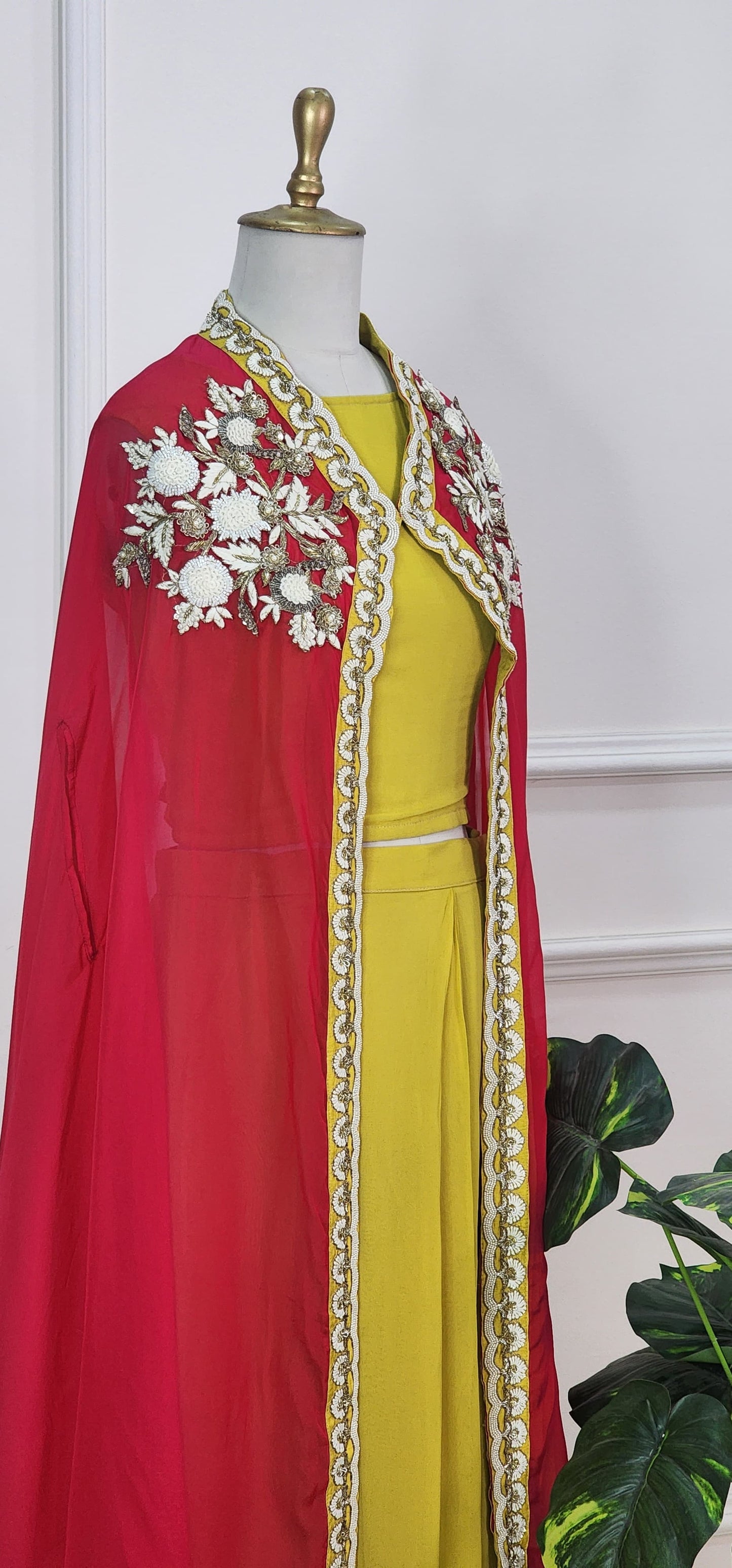 Cape Indowestern Set in Red and Mustard Yellow