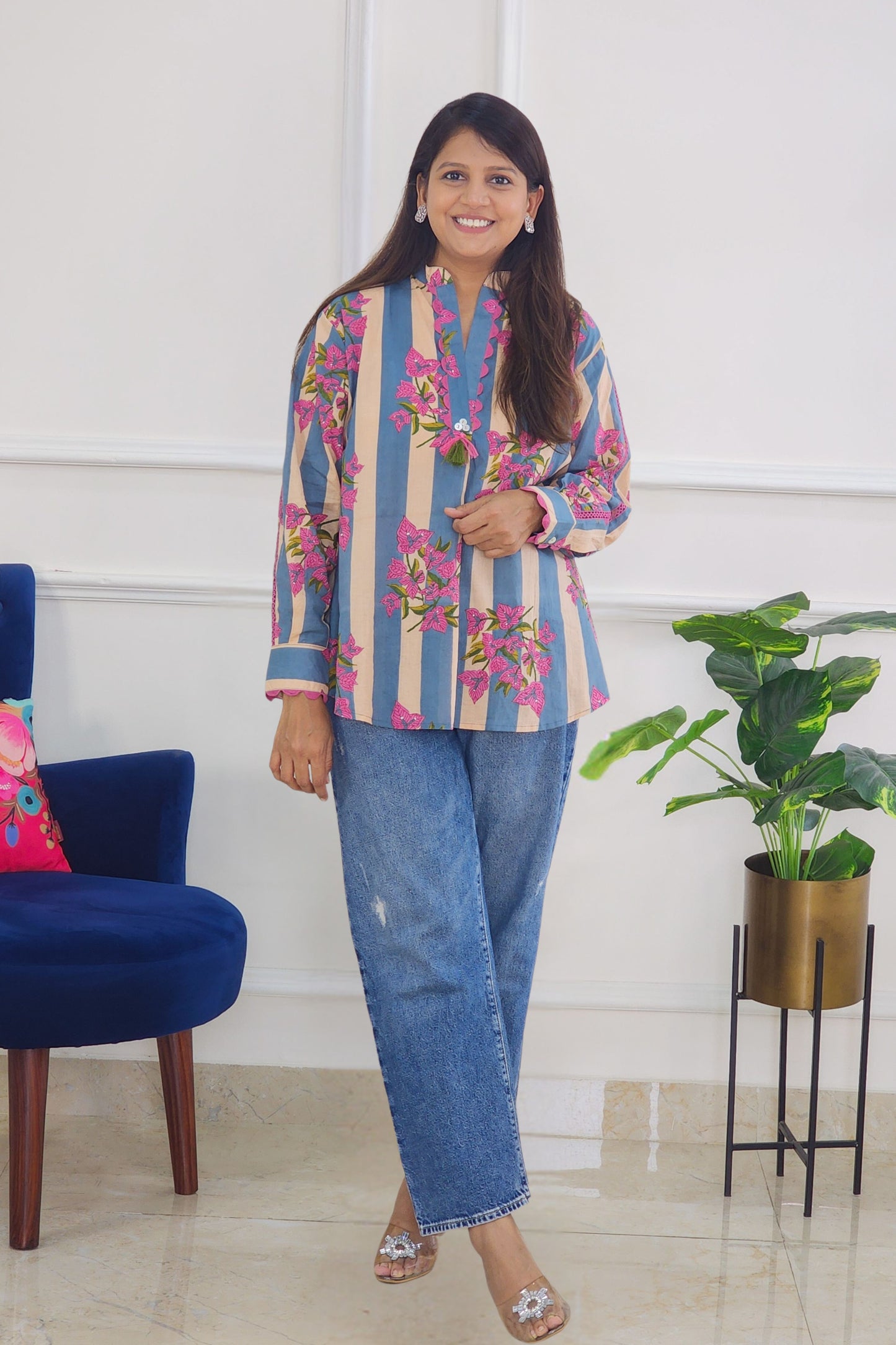 Blue Jaipuri block Shirts Top