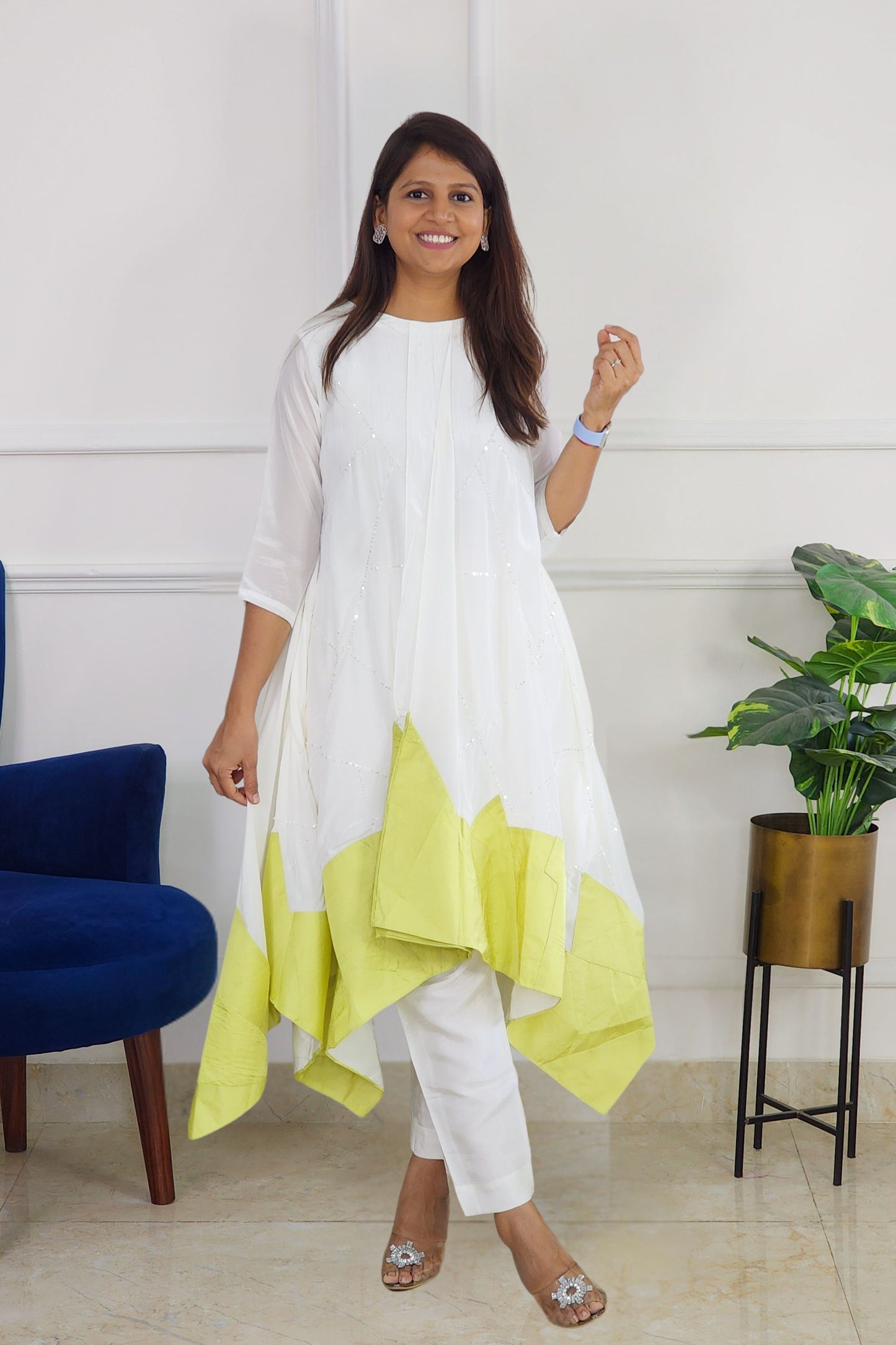 Green and White Indowestern Set