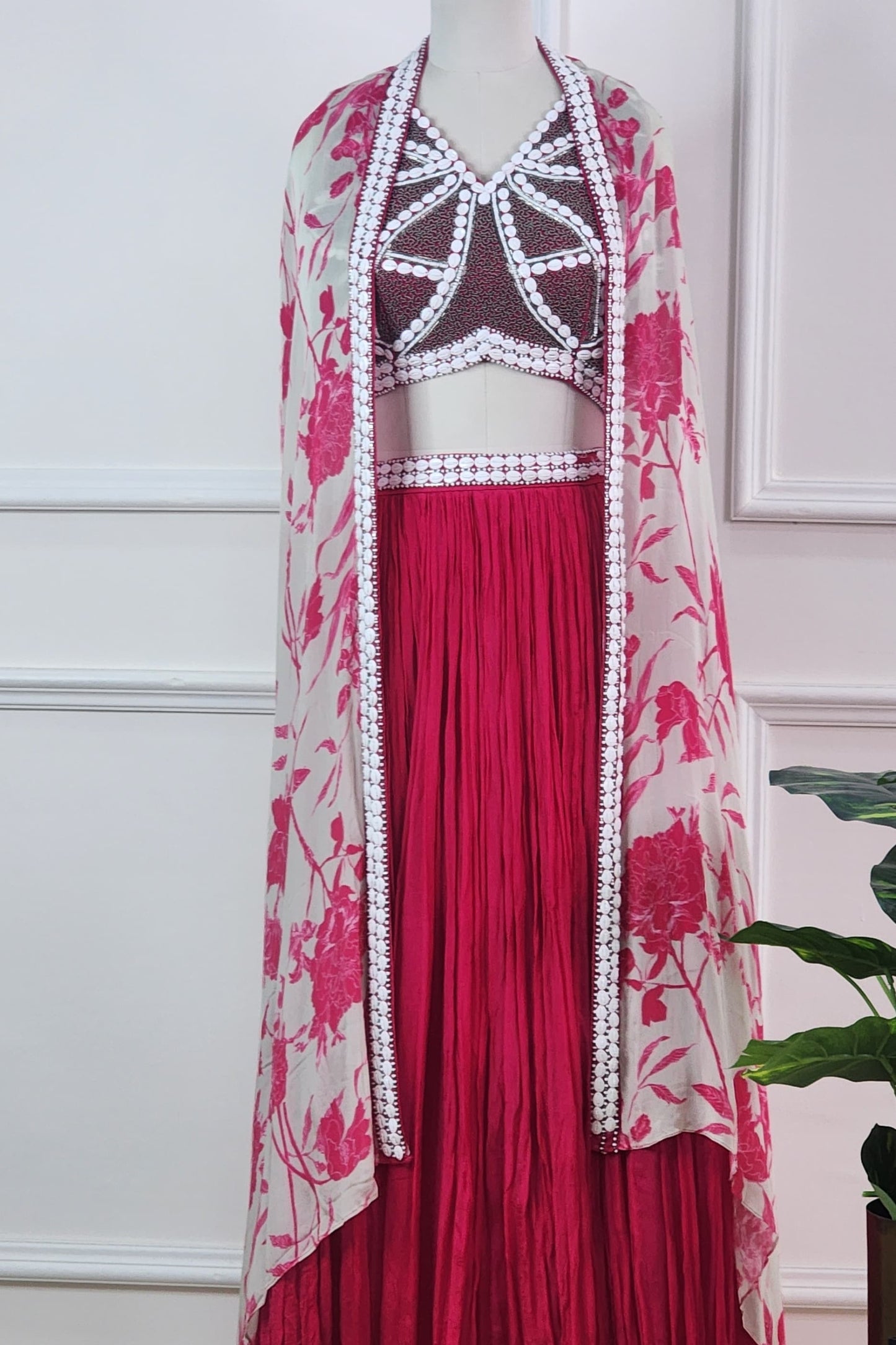 Pink Floral Dupatta, Top and Skirt