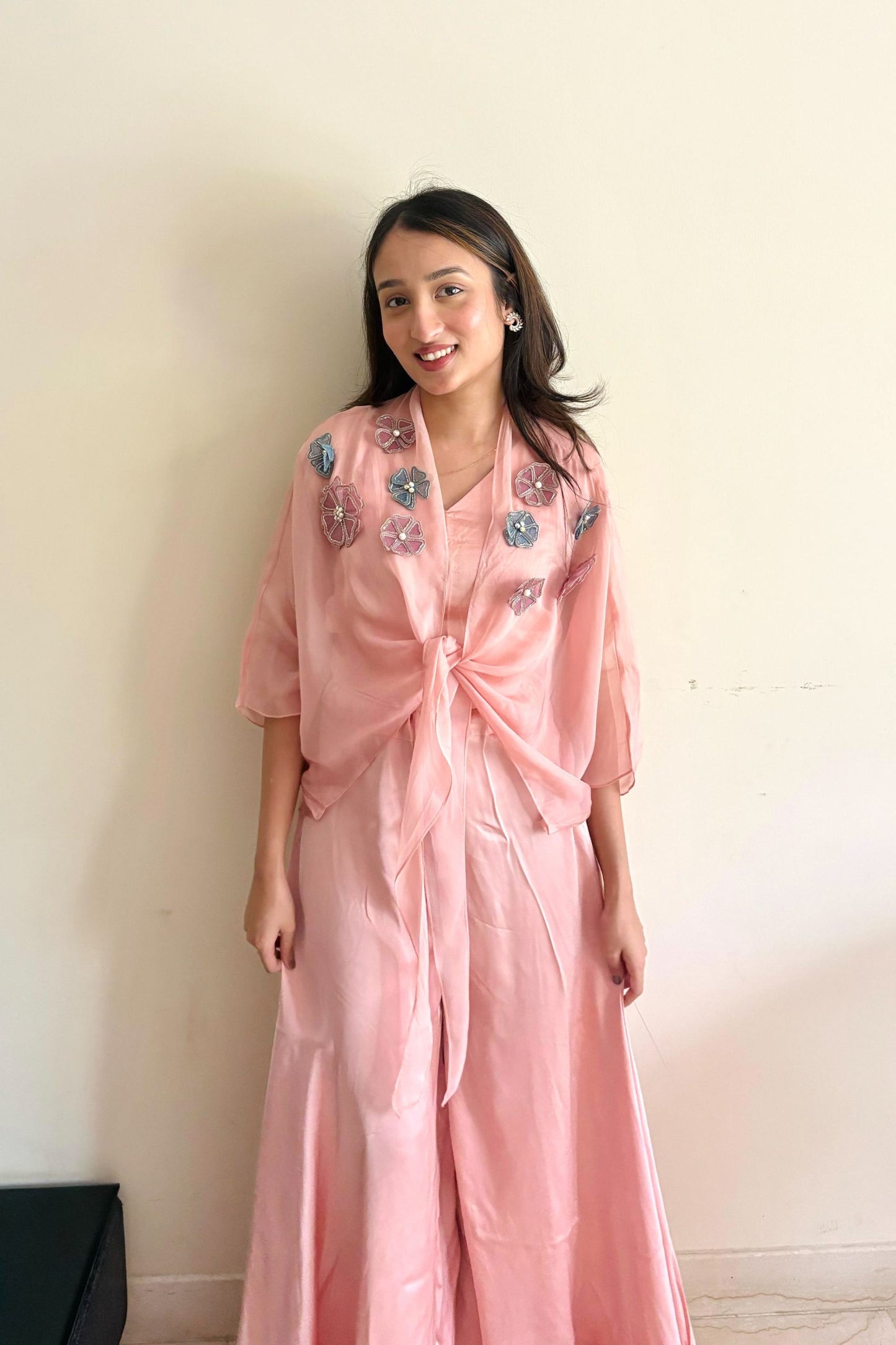 Blush Pink 3D Flower Organza Jacket Set