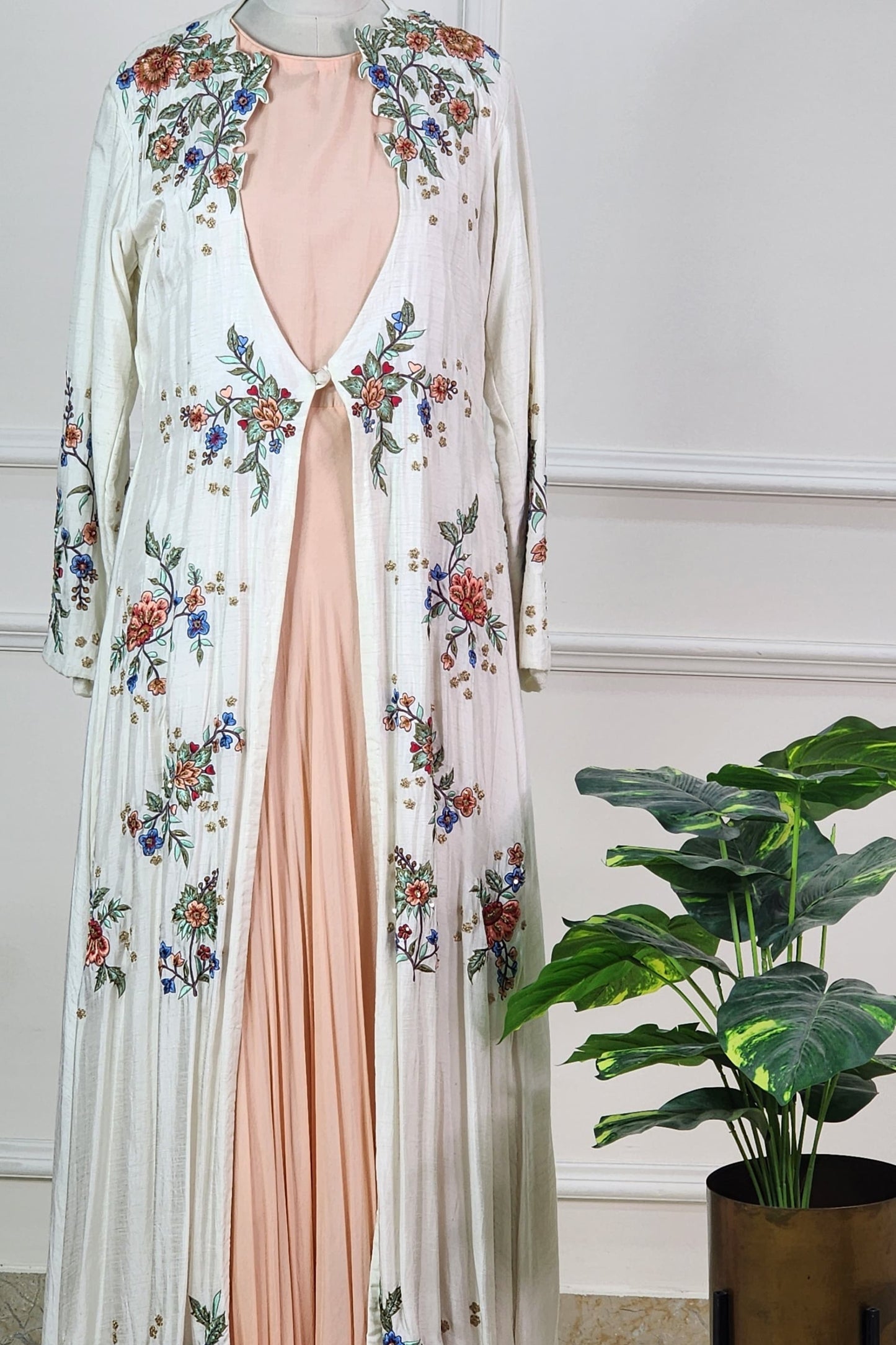 White and Peach Embroidered Indo-Western Set