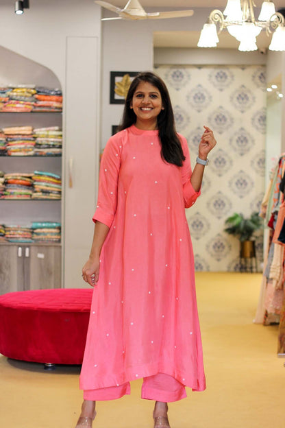 Pink and White Dotted Dress with Pants