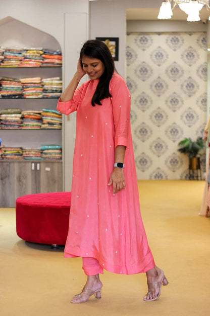 Pink and White Dotted Dress with Pants