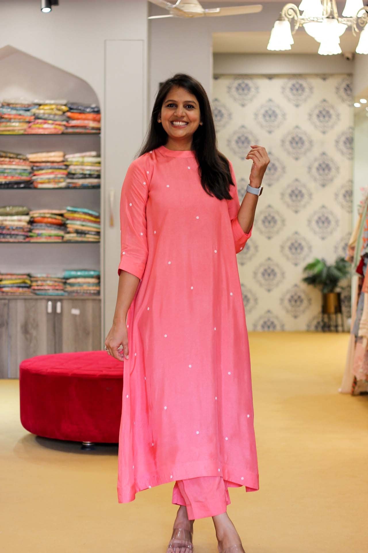 Pink and White Dotted Dress with Pants