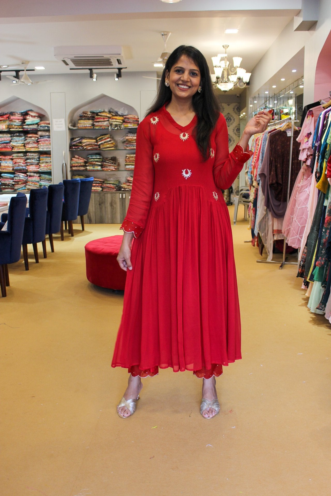 Red Chandbali Flared Kurta and Pants Set