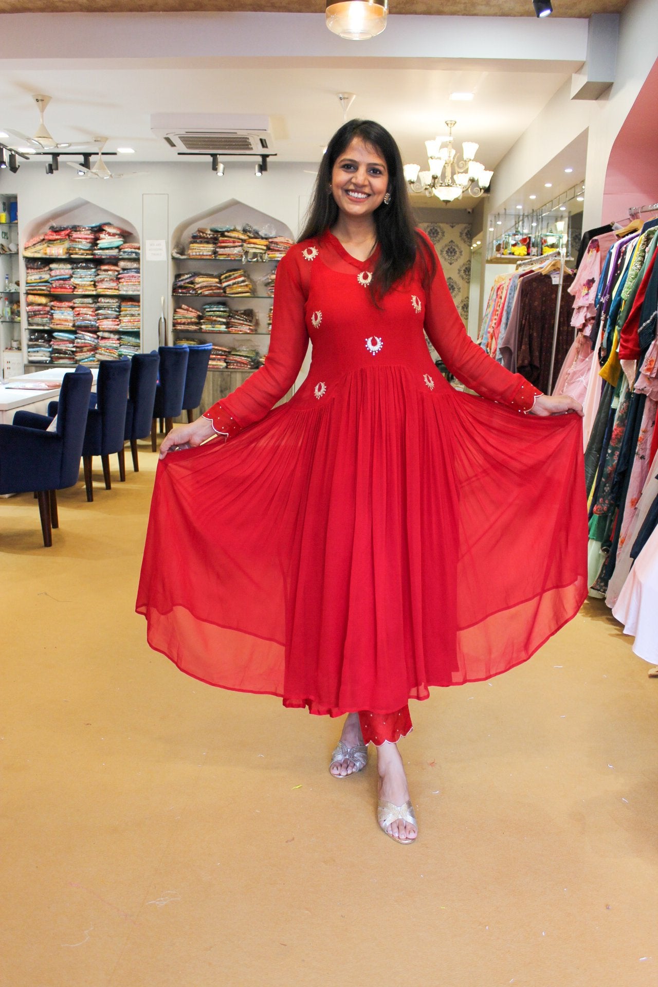 Red Chandbali Flared Kurta and Pants Set