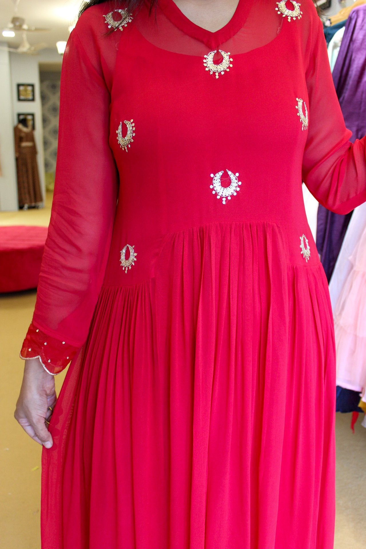 Red Chandbali Flared Kurta and Pants Set