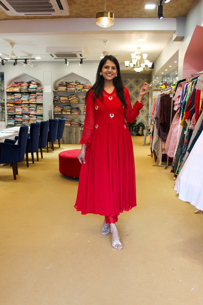 Red Chandbali Flared Kurta and Pants Set