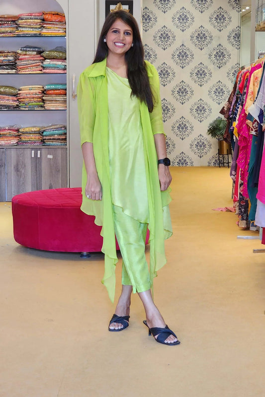 Neon Green Organza Jacket with One Shoulder Top and Pants Set