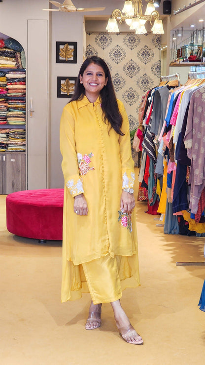 Yellow Hand Embroidered Organza Top and Pants Set