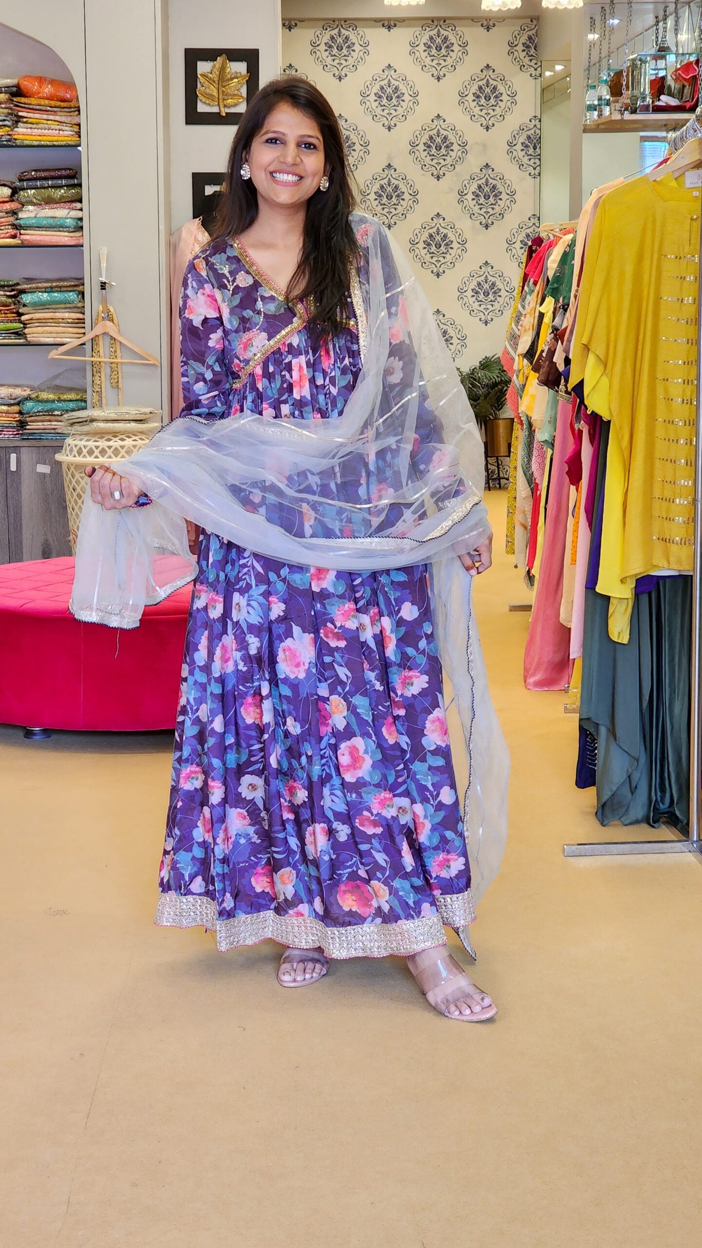 Floral Purple Muslin Flare Suit Set