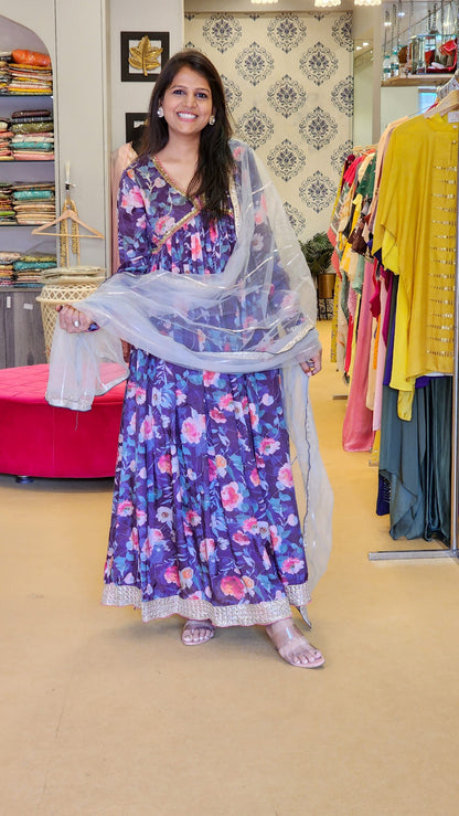Floral Purple Muslin Flare Suit Set