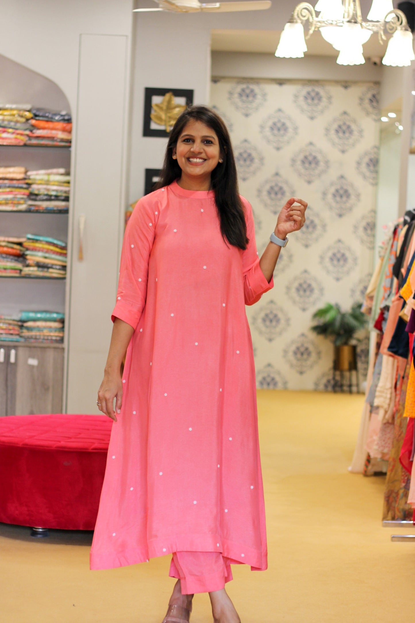 Pink and White Dotted Dress with Pants