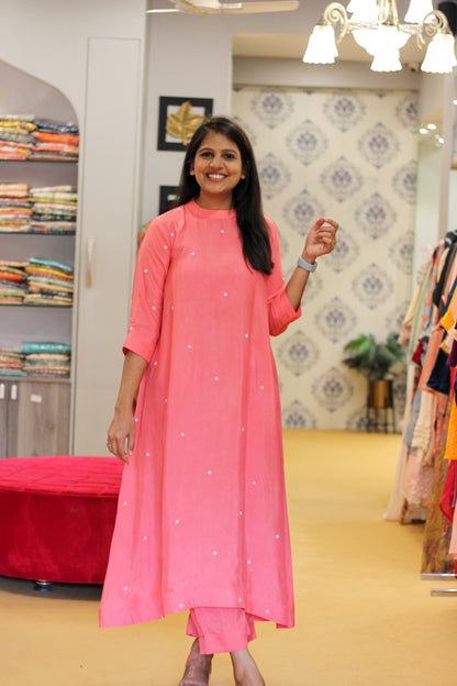 Pink and White Dotted Dress with Pants