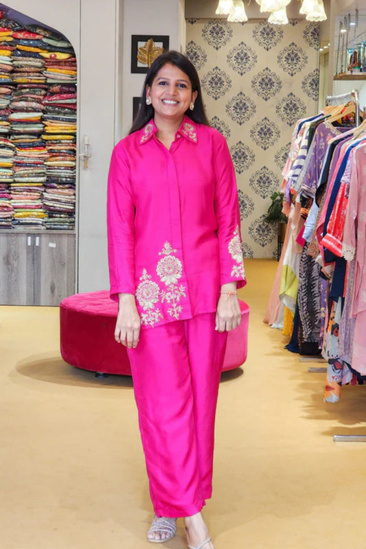 Hot Pink Zardosi Hand Work Detailed Silk Co ord Set