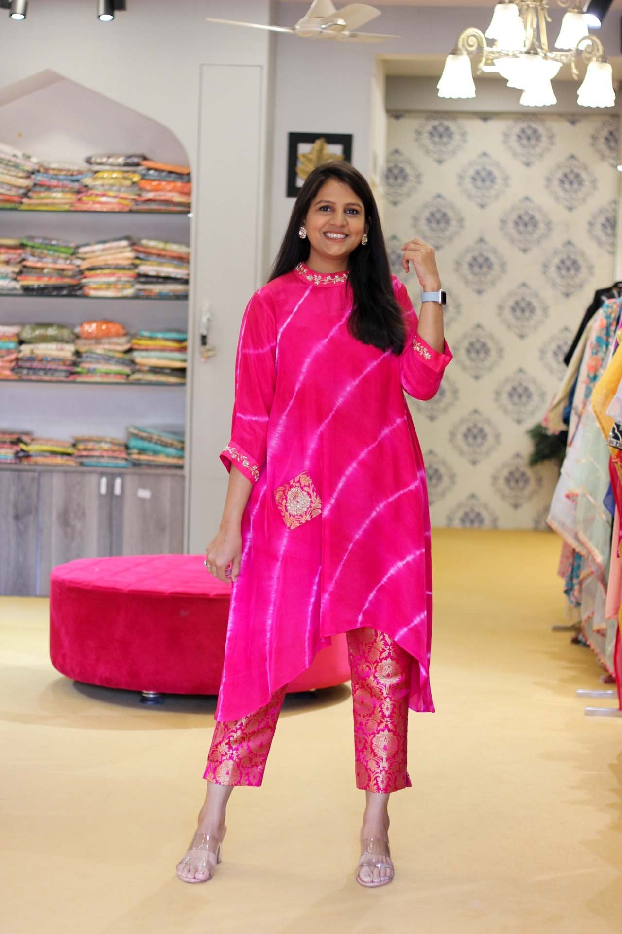 Hot Pink Tie Dye Top with Banarasi Pants