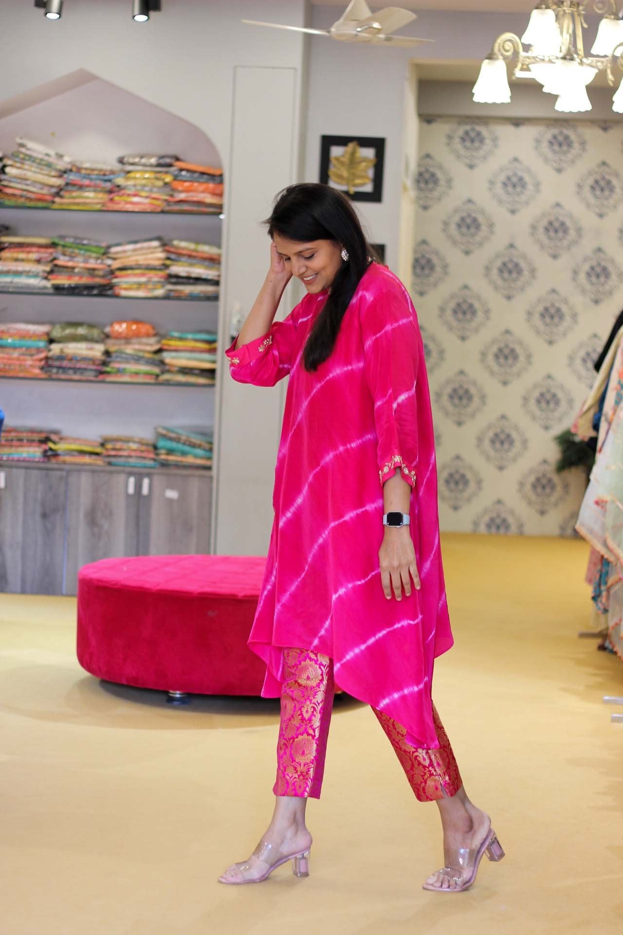 Hot Pink Tie Dye Top with Banarasi Pants