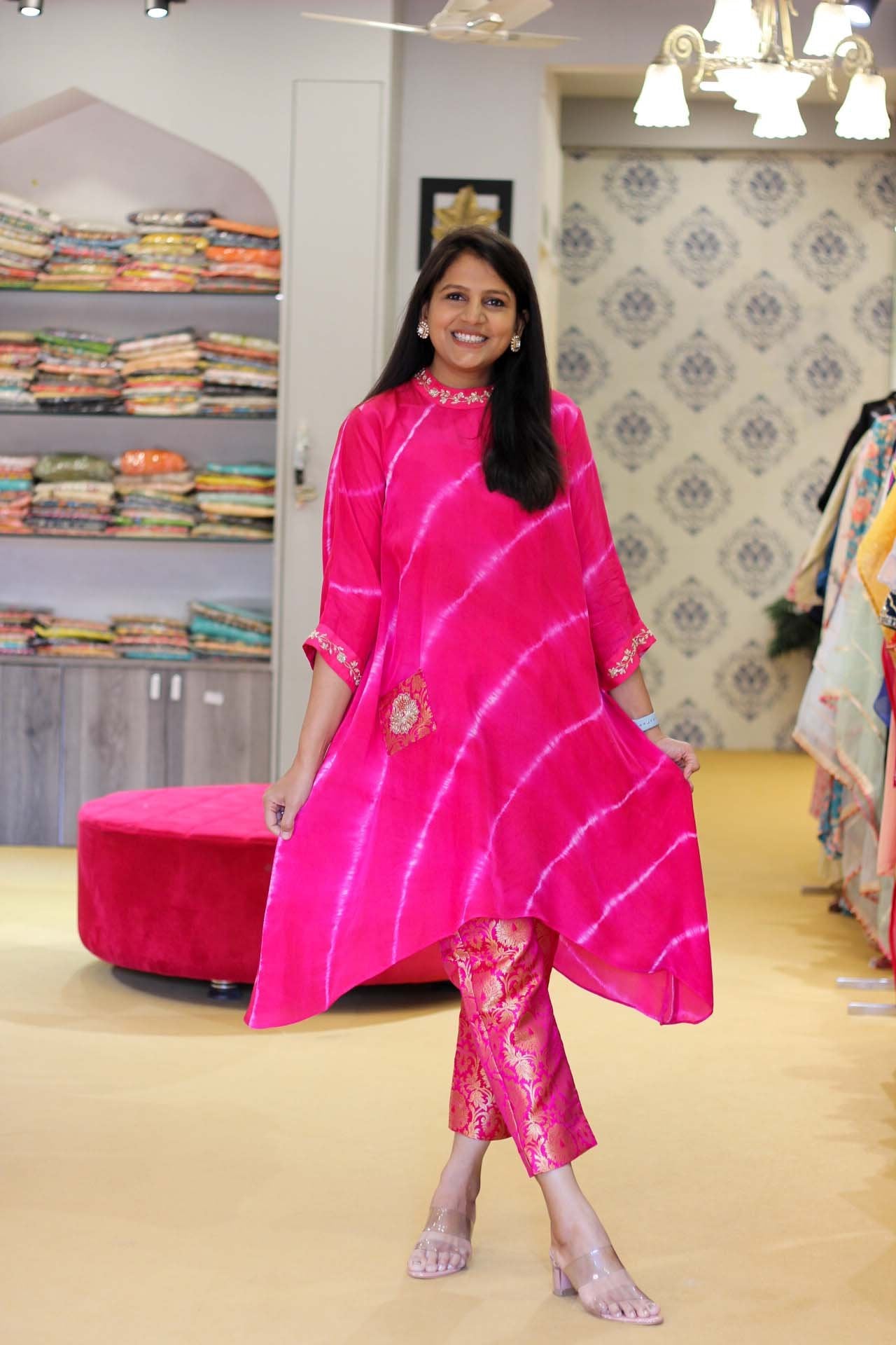 Hot Pink Tie Dye Top with Banarasi Pants