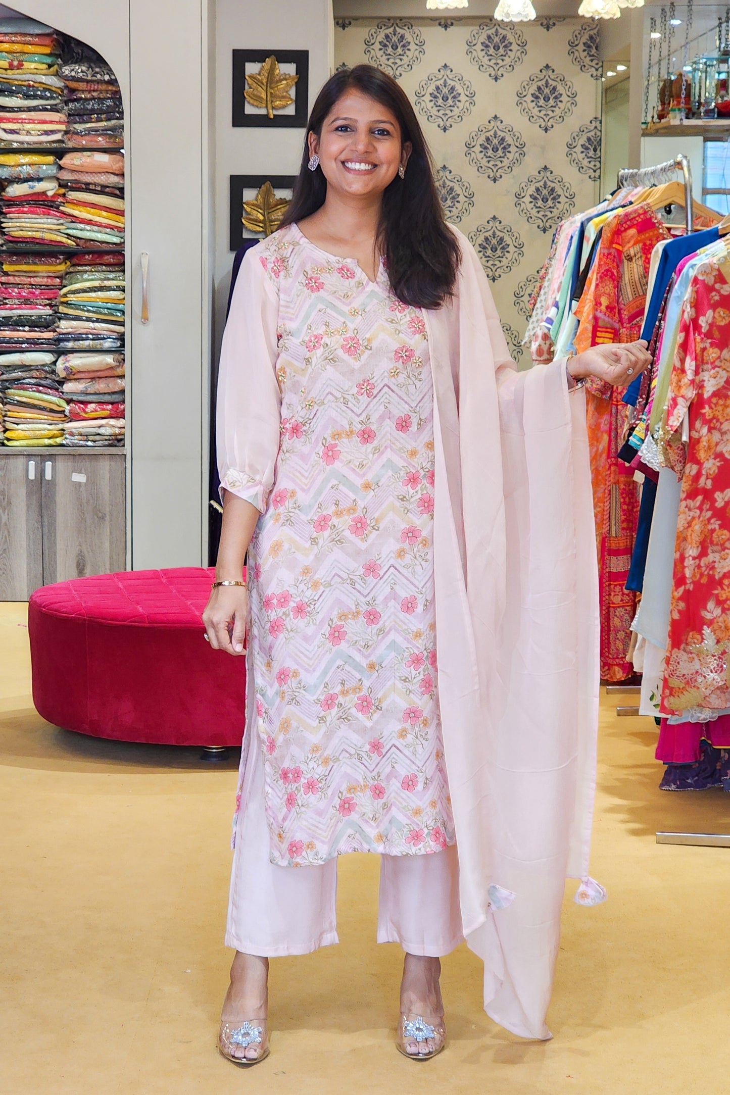 Pink Floral Linen Suit Set