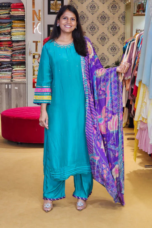Firozi Kurta and Floral Duppata Set