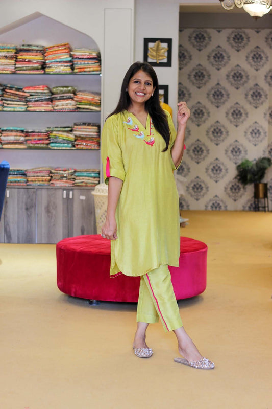 Pear Green Bird Detailing Co Ord Set