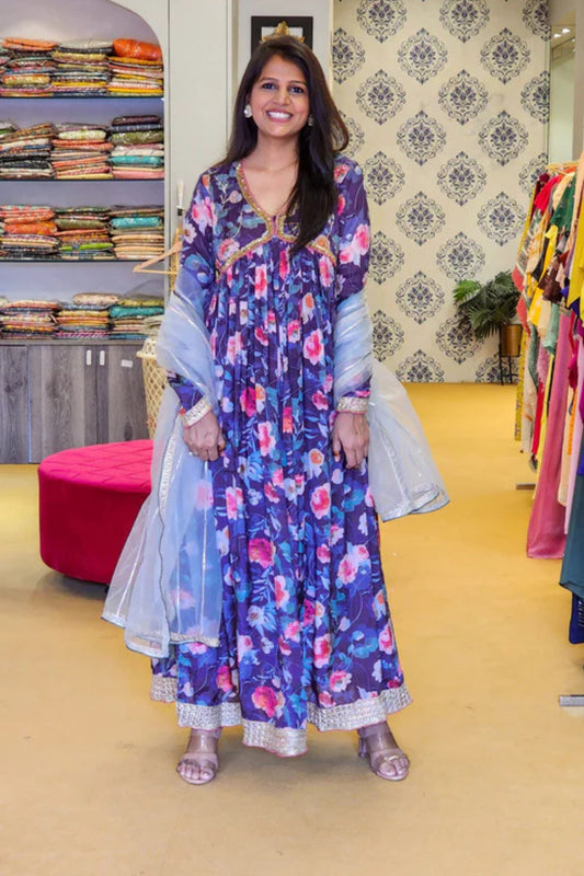 Floral Purple Muslin Flare Suit Set