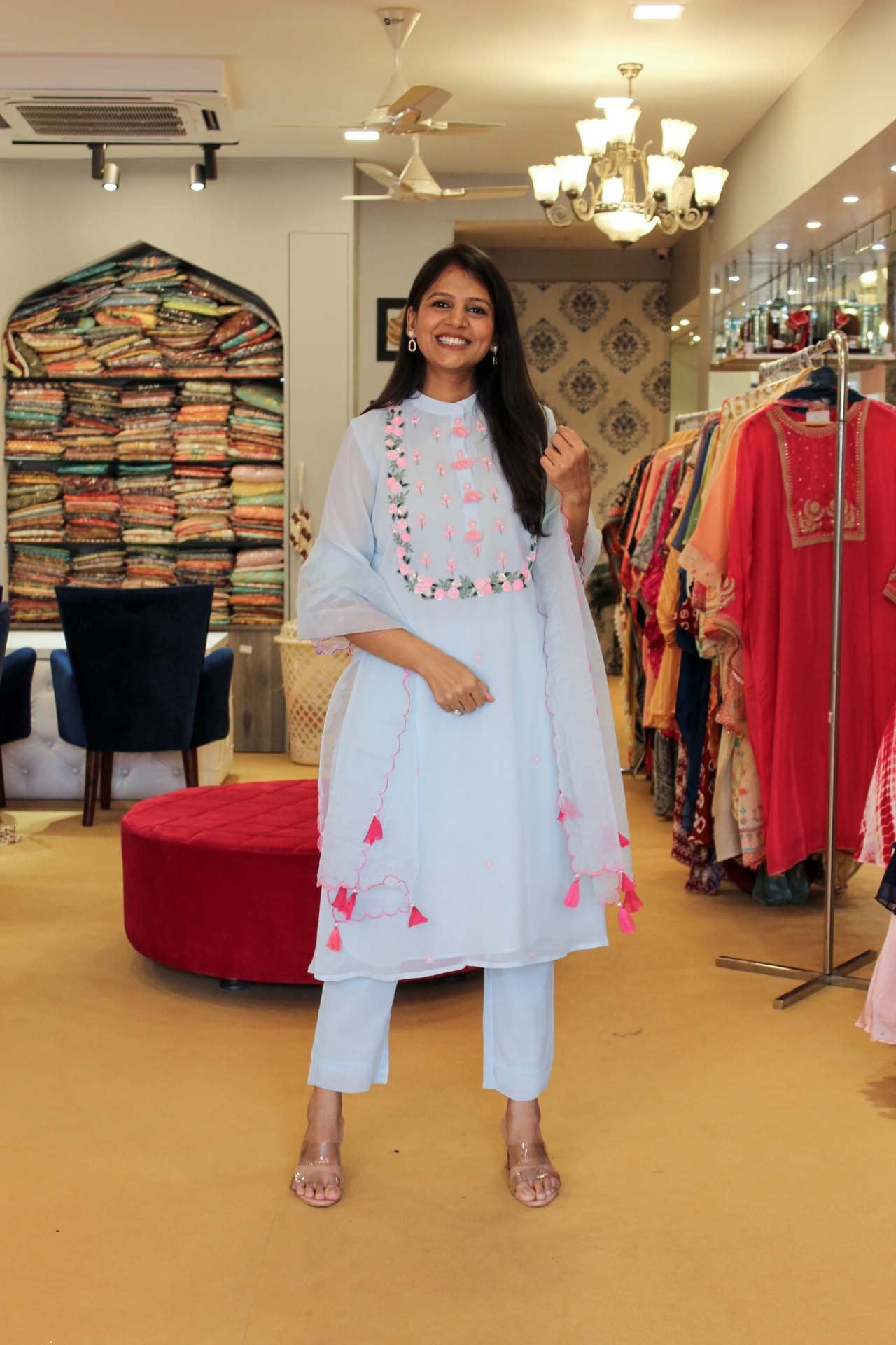 Pastel Blue Kurta Set On Georgette Fabric