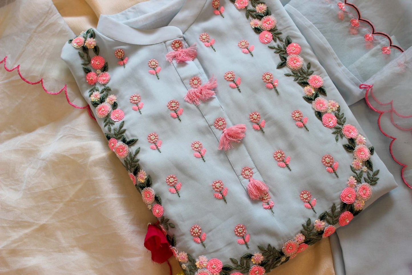 Pastel Blue Kurta Set On Georgette Fabric