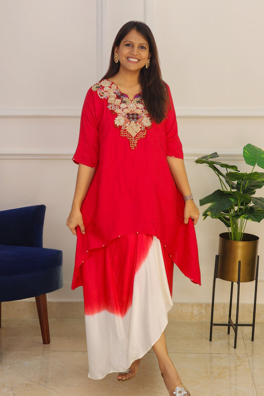 Red Ombre Drape Skirt Set