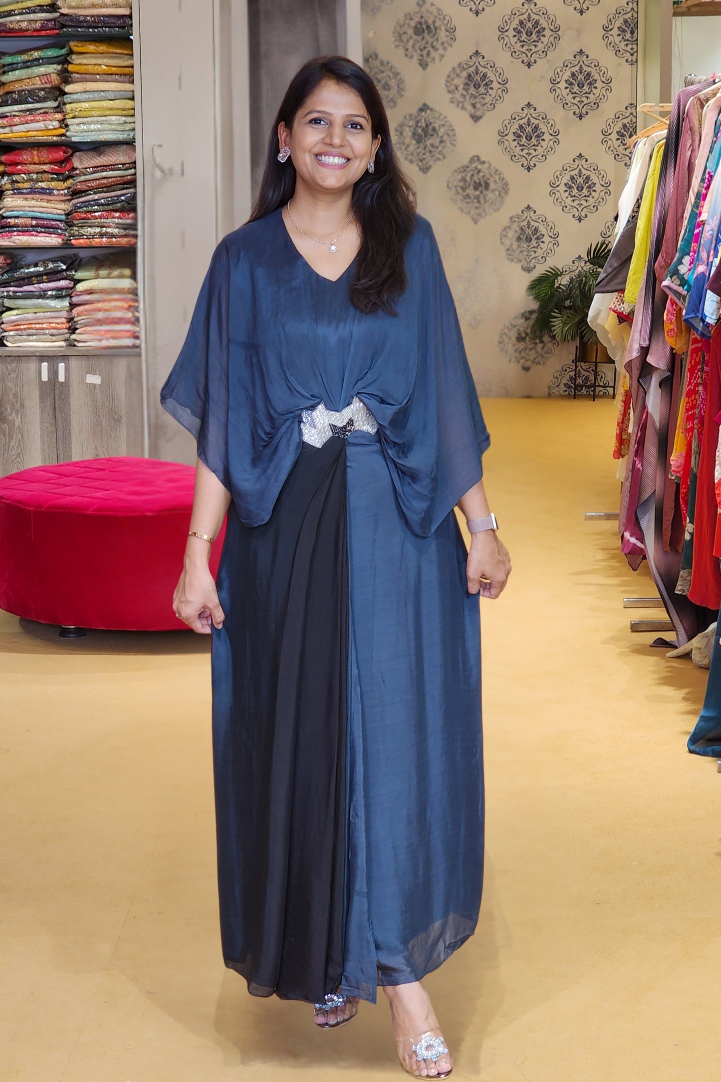 Blue and Black Drape With Waist Detailing