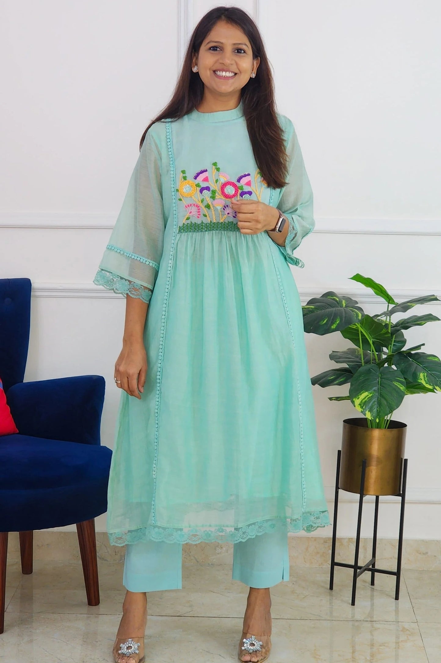 Happy Blue Mul Chanderi Embroidered Set