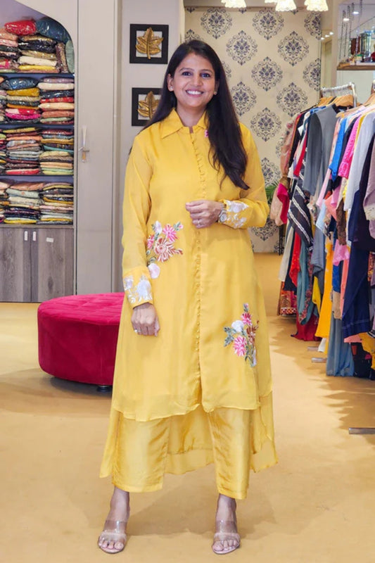 Yellow Hand Embroidered Organza Top and Pants Set
