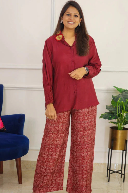 Maroon Crepe Co Ord Set With Collar Detailing - PinkTree by Shrutika