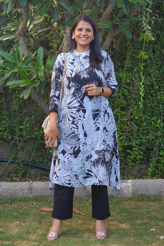 Black and White Printed Tunic and Pants Set