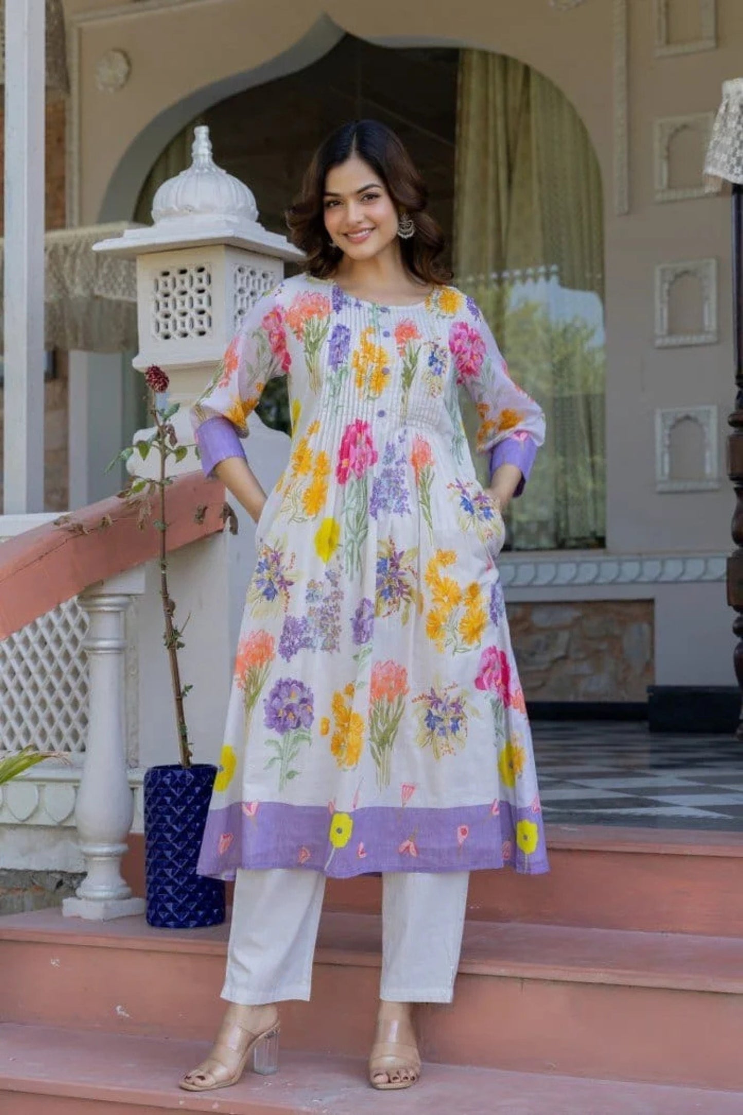 Blooming Floral Lilac Mul Kurta Set