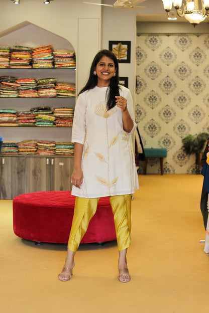 Pearl Top and Yellow Dhoti Set