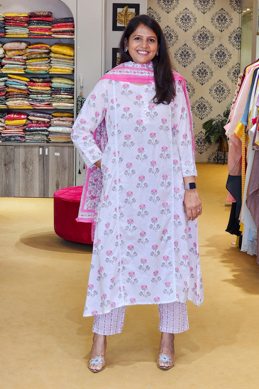 Pink and White Cotton Floral Suit