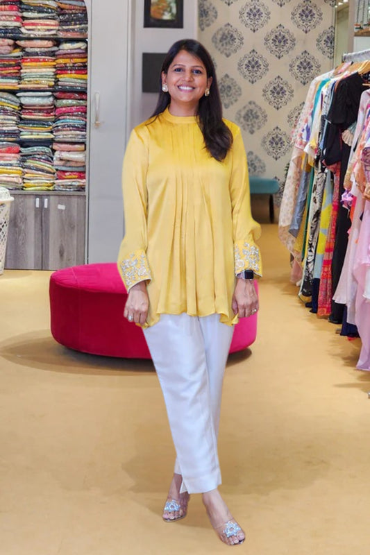 Sunshine Yellow Pleated Top with Pants