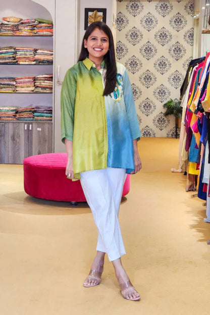 Green Multi Ombré Top With Hand Work Detail Comes With Trousers