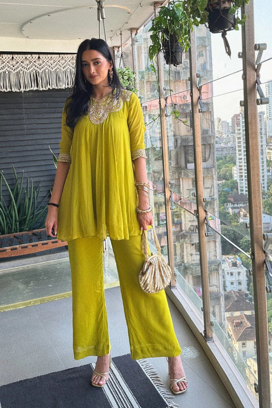 Tyohar ~ Mehendi Green Kali Top with Zardosi Work and Pallazo Set