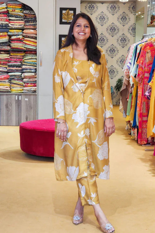 Yellow Floral Top Pants and Jacket Set