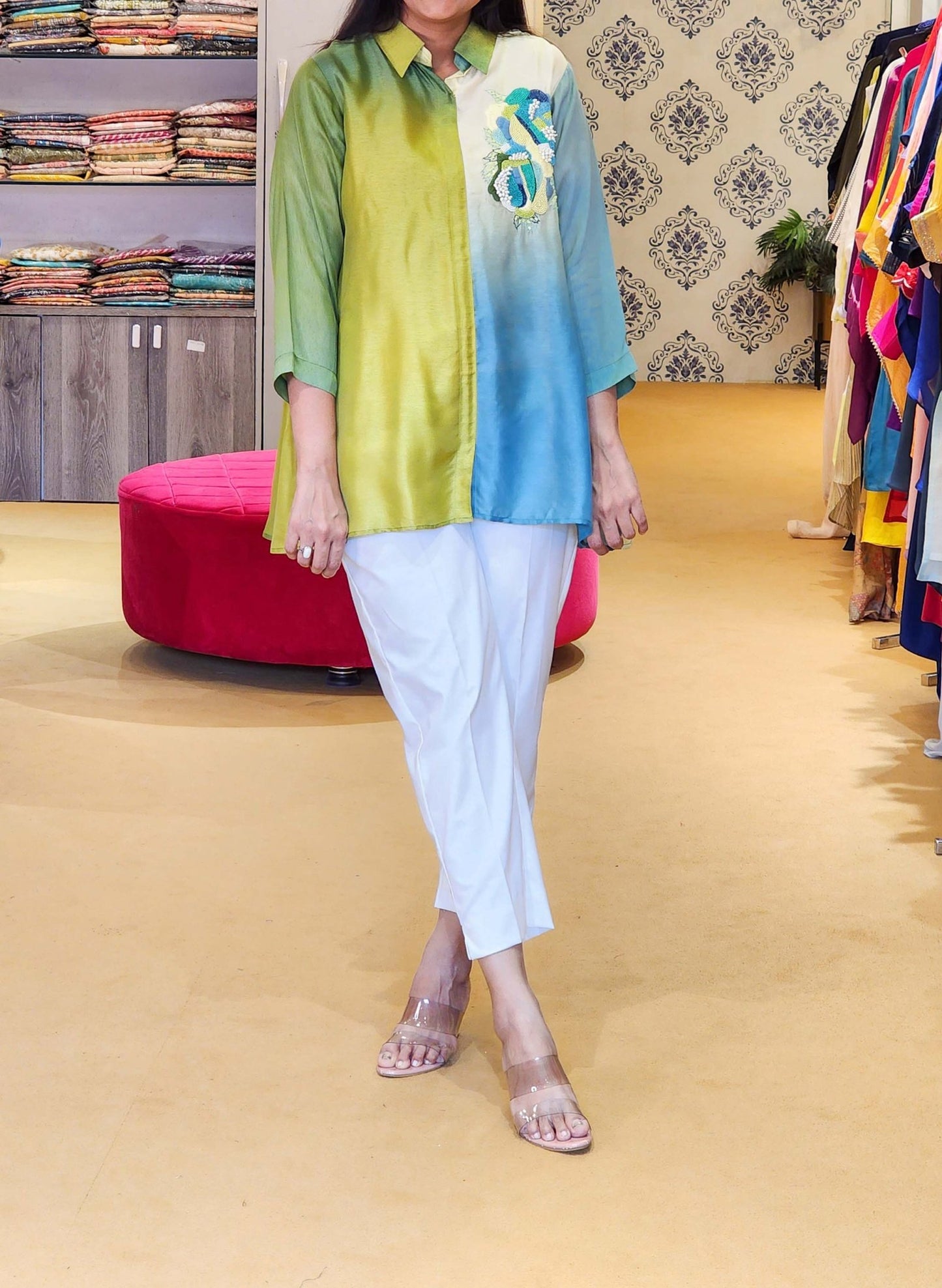 Green Multi Ombré Top With Hand Work Detail Comes With Trousers